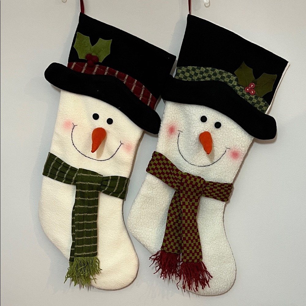Snowman Stockings Set of Black Hats Plaid Scarves 3-D Carrot Nose 26 inches Long